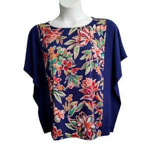 BOB MACKIE Women's Wearable Art Painterly Size M Blue Floral Top Dolman Sleeve